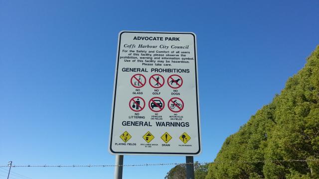 Advocate Park at Geoff King Oval - Coffs Harbour: Restrictions.  Please note that pets are not allowed.