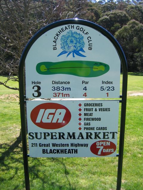 Blackheath Golf Course - Blackheath: Hole 3: Par 4, 383 metres.  Sponsored by IGA Supermarket on Blackheath.