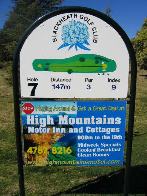 Blackheath Golf Course - Blackheath: Hole 7: Par 3, 147 metres.  Sponsored by High Mountains Motor Inn and Cottages.