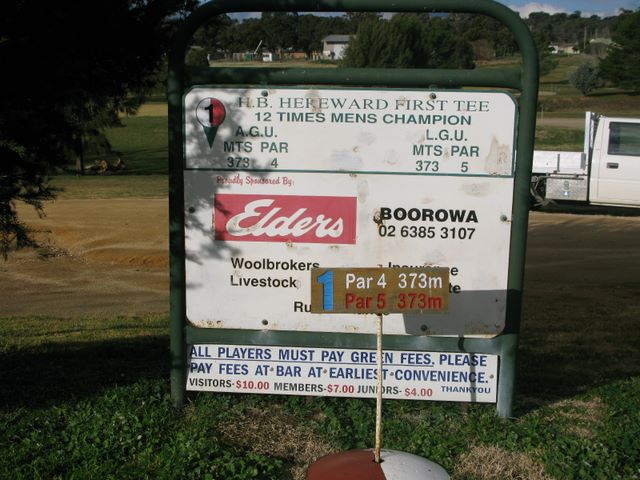 Boorowa Recreation Club Golf Course - Boorowa: Hole 1 Par 4, 373 meters.  Sponsored by Elders Boorowa.
