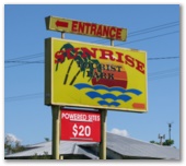 Sunrise Caravan Park - Broadwater: Welcome sign - note good price for powered sites.