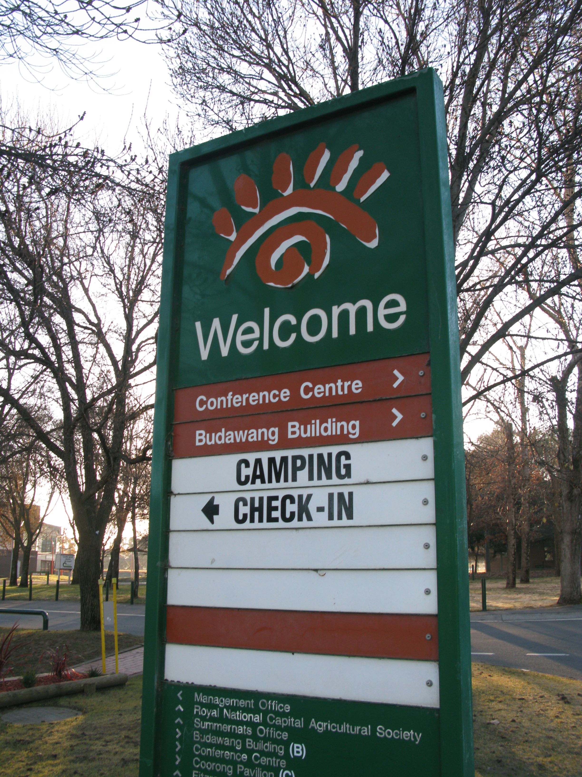 Exhibition Park In Canberra (EPIC) - Mitchell: Welcome sign with clear directions to check-in and camping.