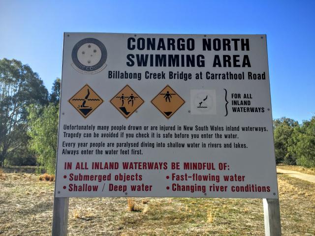 Conargo North Swimming Hole - Conargo: Please read this warning sign and carefully if you intend to swimming Billsbong Creek.
