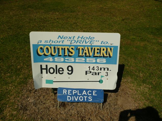 Orara Park Golf Course - Coutts Crossing: Hole 9 Par 3, 143 metres.  Sponsored by Coutts Tavern, Coutts Crossing.