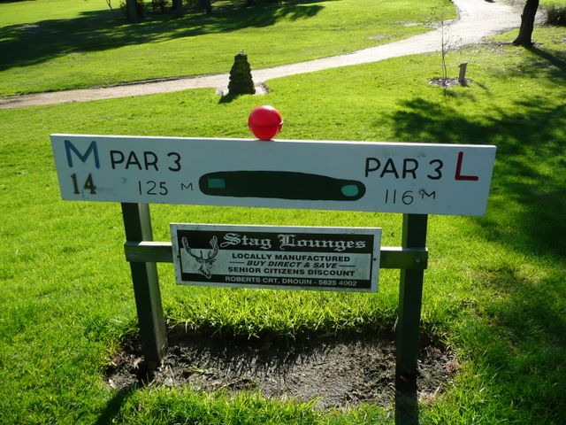 Drouin Golf & Country Club - Drouin: Hole 14 - Par 3, 125 metres.  Sponsores by Stag Lounges of Drouin.
