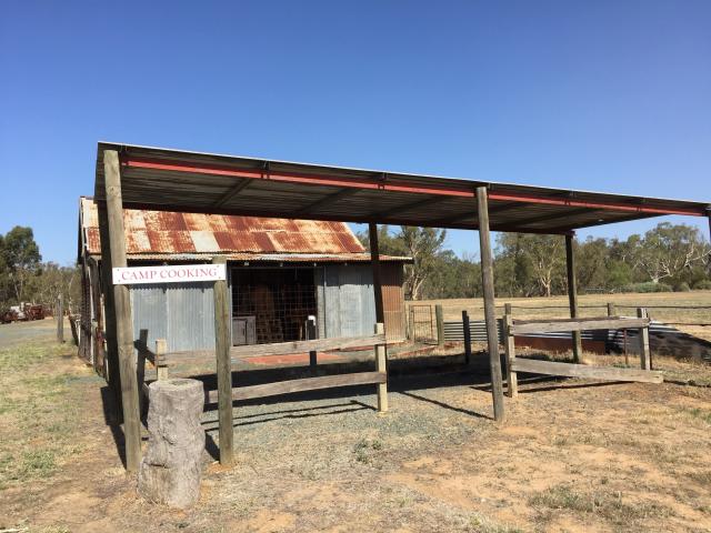 Rotary Park Free Camping - Echuca: Historic camp cooking facility on display.