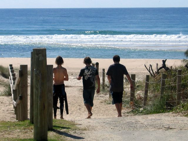 Fingal Holiday Park - Fingal Head: Surfers head for the waves