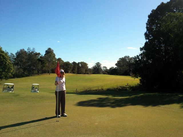 Hills International Golf Club - Jimboomba: Green on Hole 4 looking back along the fairway.