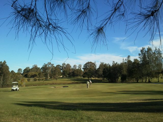 Hills International Golf Club - Jimboomba: Green on Hole 8 looking back along the fairway.