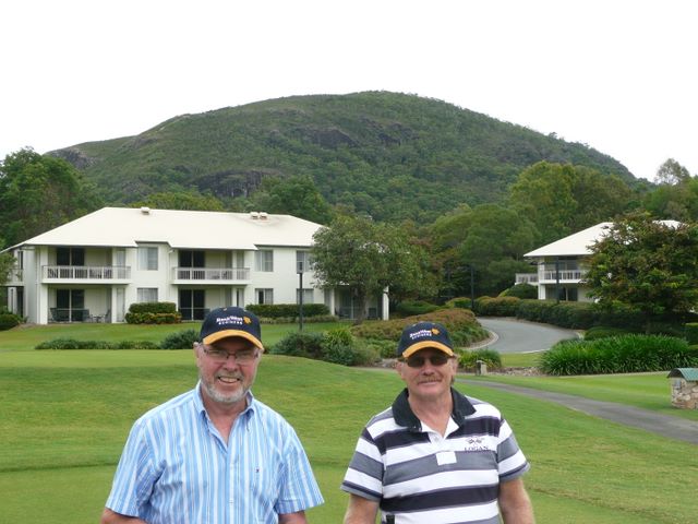 Hyatt Regency Coolum Golf Course - Coolum: John and Steve wearing Bank West caps with apartments and Mount Coolum in the background.