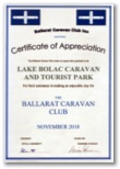 Lake Bolac Caravan and Tourist Park - Lake Bolac: Certificate of Appreciation from Ballarat Caravan Club