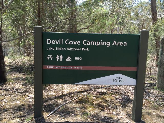 Devils Cove Campground - Lake Eildon National Park: Welcome sign. The area is not open all year so please check with Vic Parks for availability.