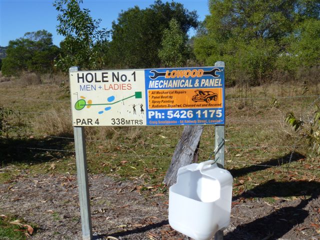 Lowood and District Golf Club - Lowood: Hole 1 Par 4, 338 meters.  Sponsored by Lowood Mechanical and Panel.