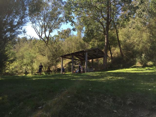 Blue Pools Campground - Briagolong: Undercover picnic area with tables and seats.