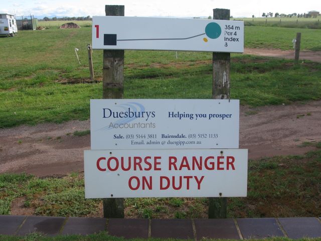 Maffra Golf Course Hole By Hole - Maffra: Hole 1 Par 4 354 metres.  Sponsored by Duesburys Accountants Sale and Bairnsdale.
