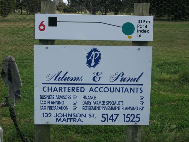 Maffra Golf Course Hole By Hole - Maffra: Hole 6 Par 4, 319 metres.  Sponsored by Adams and Pund Chartered Accountants of Maffra.