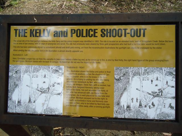 Mansfield Holiday Park - Mansfield: Sign explaining shootout site. Strigybark creek.