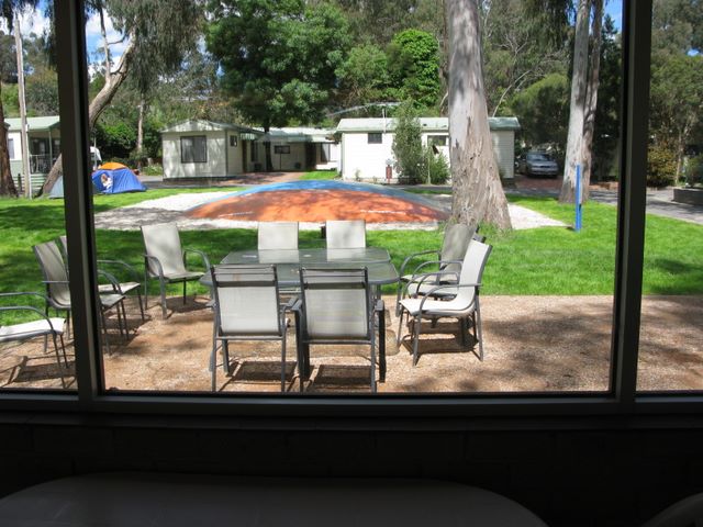 Crystal Brook Tourist Park - Doncaster East Melbourne: Outlook from Camp Kitchen showing Jumping Pillow.