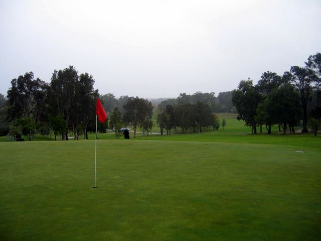 Muree Golf Club - Raymond Terrace: Green on Hole 9 with steady rain falling