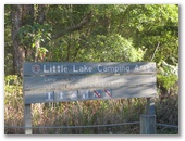Little Lake (Neranie) Campground - Myall Lakes National Park: Sign at Little Lake Camping Area.  Pets not allowed.
