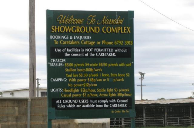 Narrabri Showground - Narrabri: Welcome sign and current prices as at April 2012.  Prices may change so check with the Showground Caretaker.