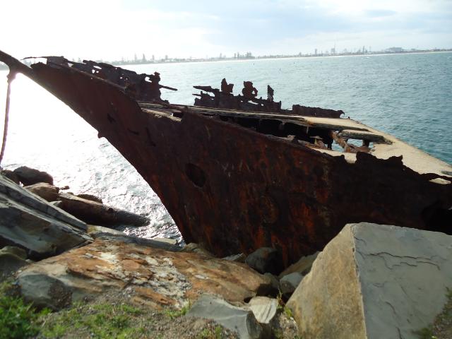 Stockton Beach Tourist Park 2004 - Newcastle: Wreck of the Ardolf stuck fast on the breakwater.