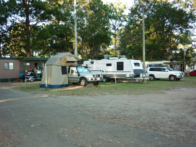 Riverlodge Tourist Village - Port Macquarie: Powered sites for caravans with cabin in the background
