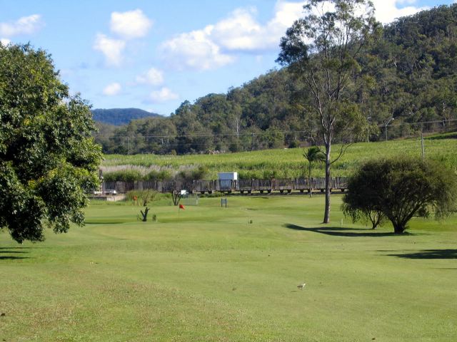 Sarina Golf Course - Sarina: Approach to the green with sugar cane train in the background