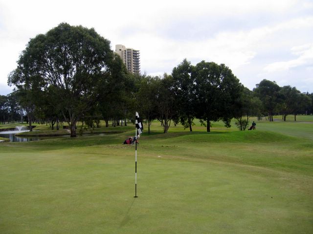 Coolangatta Tweed Heads Golf Course - Tweed Heads: Green on Hole 8 with deep bunker on approach which virtually swallows Gary