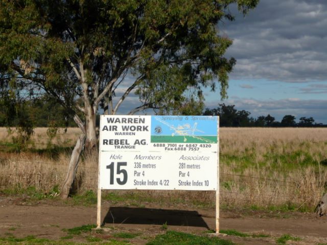 Warren Golf Course - Warren: Hole 15 Par 4, 336 metres.  Hole 15 is sponsored by Warren Air Work - Spraying & spreading.